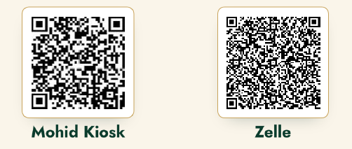 Al-Huda Islamic Center donation QR codes for Mohid Kiosk and Zelle